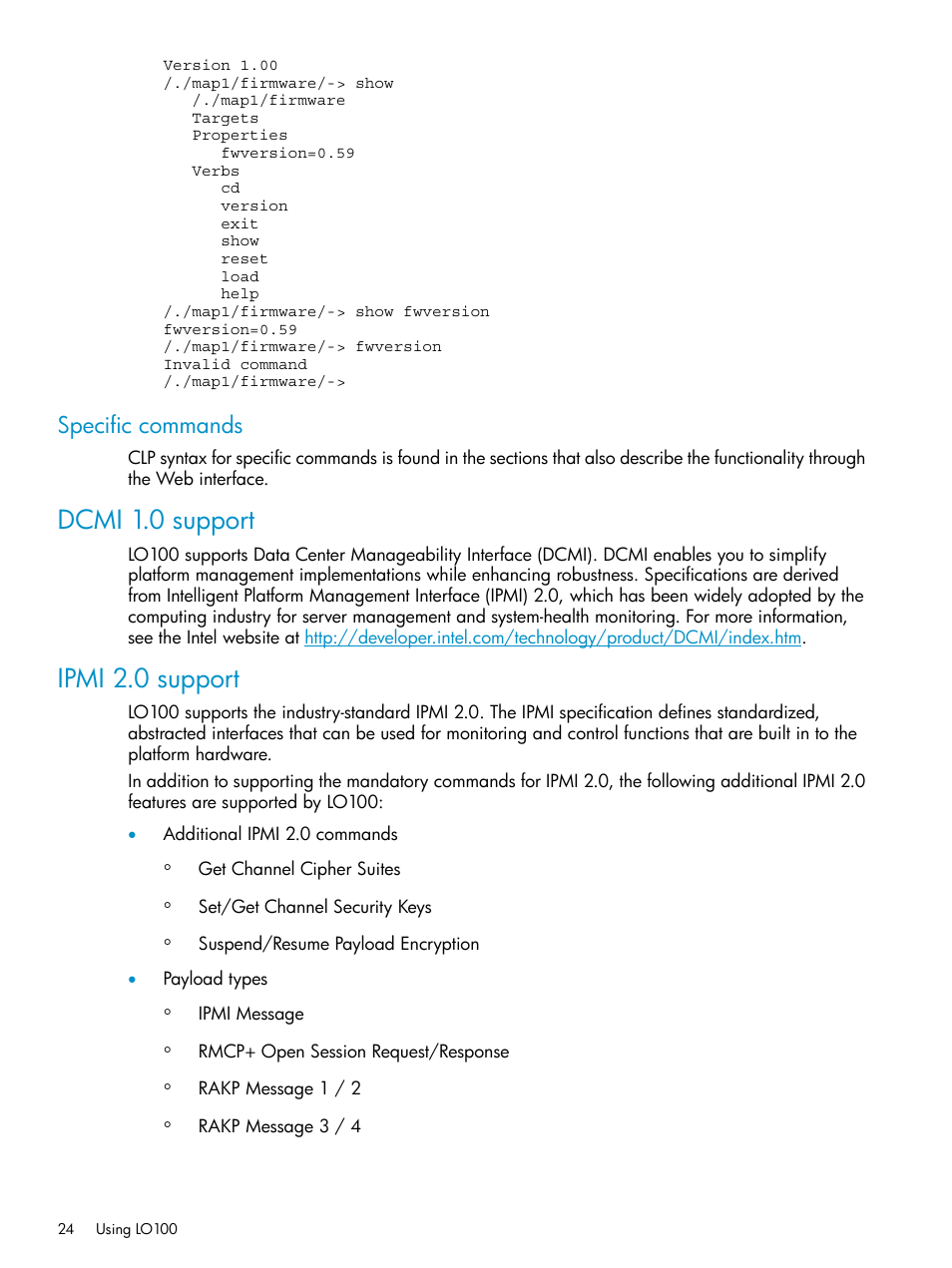 Specific commands, Dcmi 1.0 support, Ipmi 2.0 support | Dcmi 1.0 support ipmi 2.0 support | HP Lights-Out 100 Remote Management User Manual | Page 24 / 60