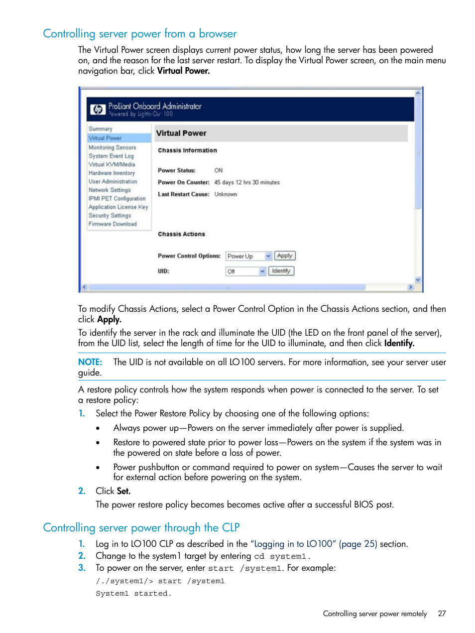 Controlling server power from a browser, Controlling server power through the clp | HP Lights-Out 100 Remote Management User Manual | Page 27 / 60