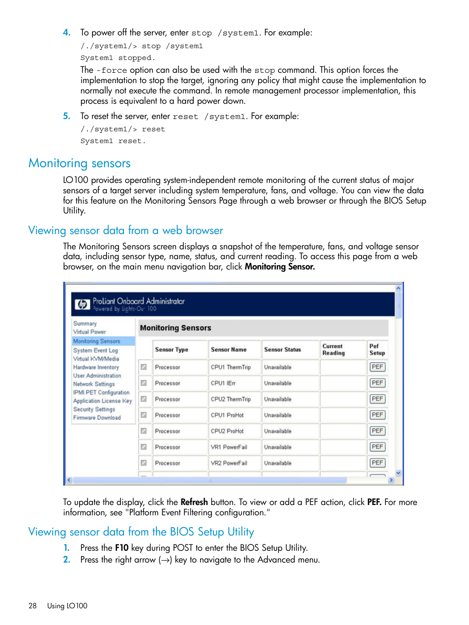Monitoring sensors, Viewing sensor data from a web browser, Viewing sensor data from the bios setup utility | HP Lights-Out 100 Remote Management User Manual | Page 28 / 60