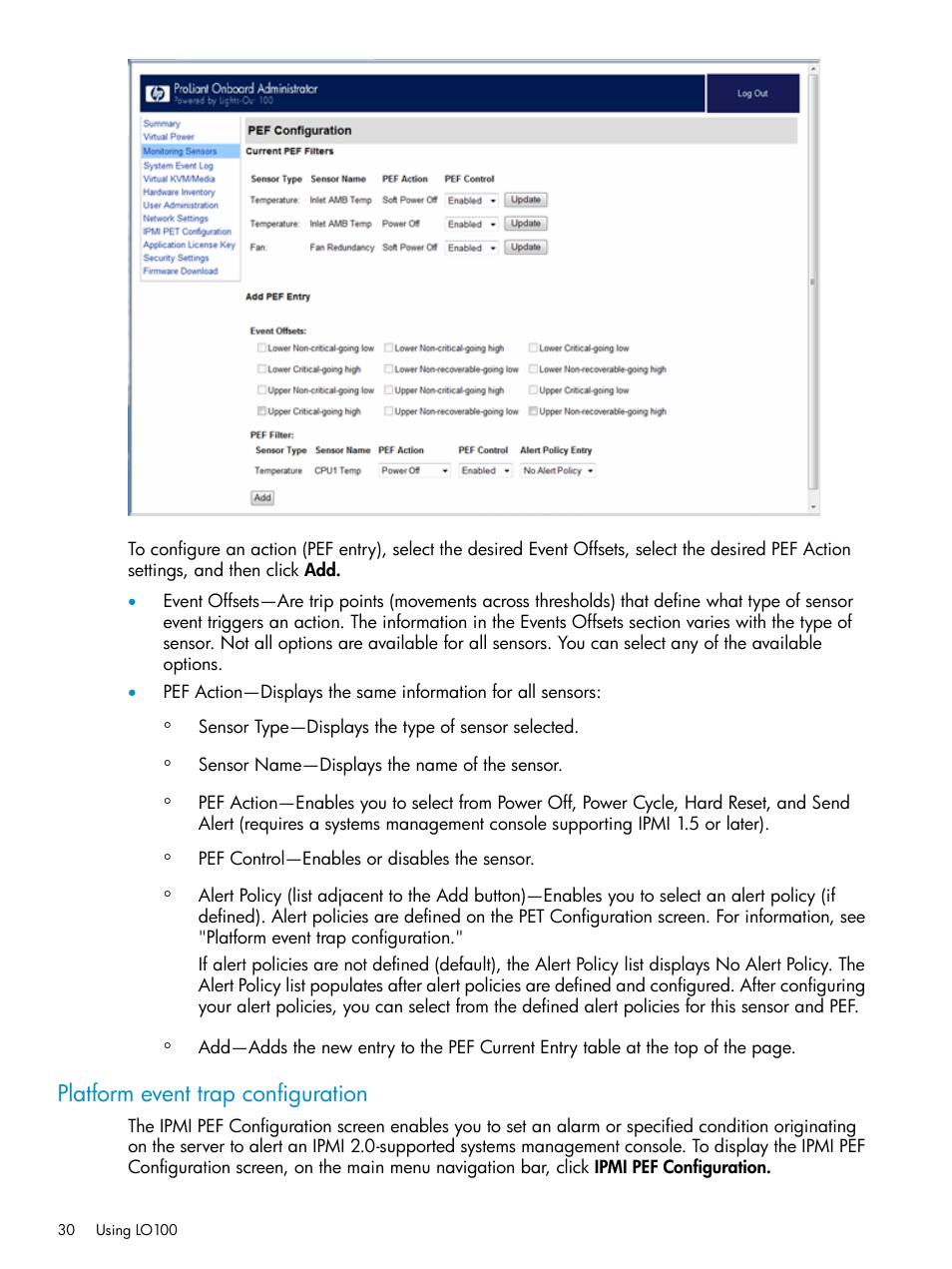 Platform event trap configuration | HP Lights-Out 100 Remote Management User Manual | Page 30 / 60