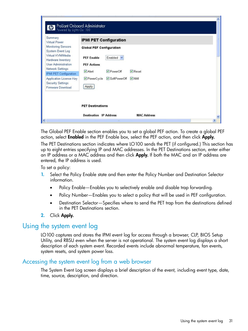 Using the system event log, Accessing the system event log from a web browser | HP Lights-Out 100 Remote Management User Manual | Page 31 / 60