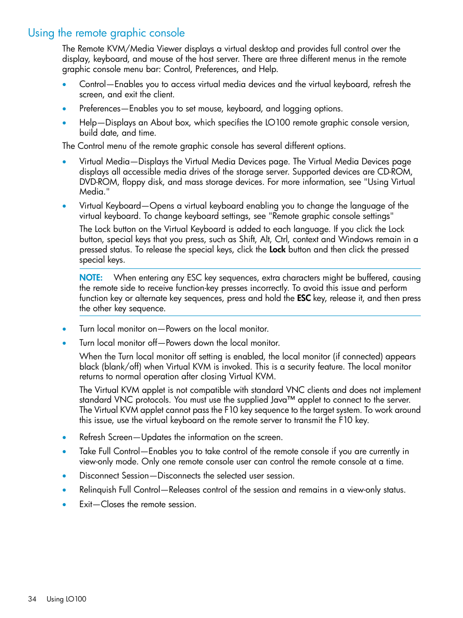 Using the remote graphic console | HP Lights-Out 100 Remote Management User Manual | Page 34 / 60