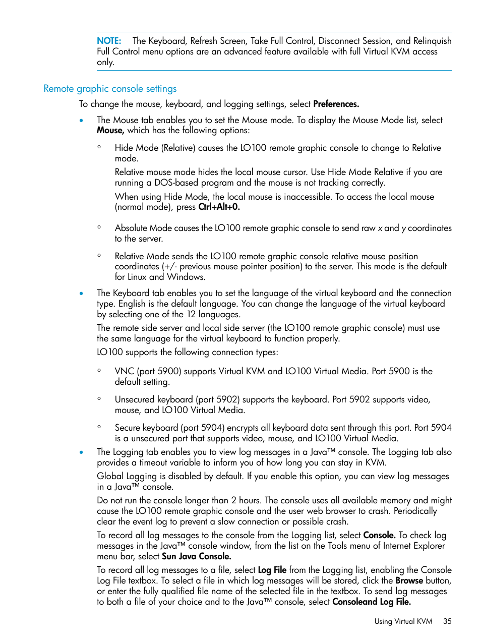 Remote graphic console settings | HP Lights-Out 100 Remote Management User Manual | Page 35 / 60