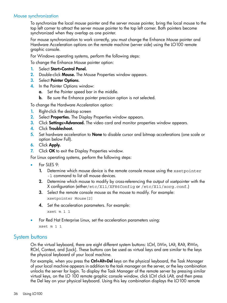 Mouse synchronization, System buttons | HP Lights-Out 100 Remote Management User Manual | Page 36 / 60