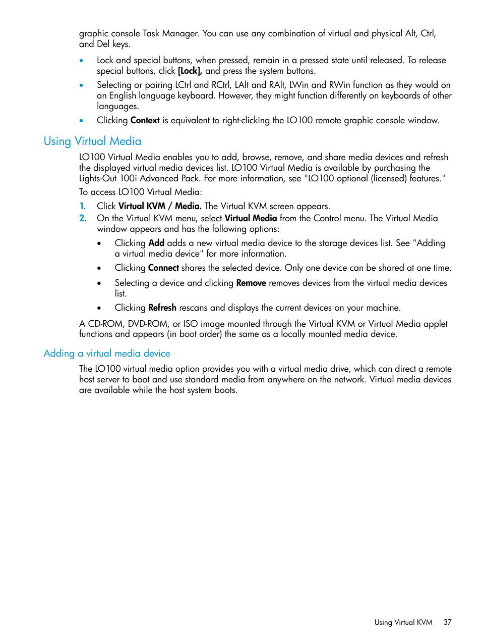 Using virtual media, Adding a virtual media device | HP Lights-Out 100 Remote Management User Manual | Page 37 / 60