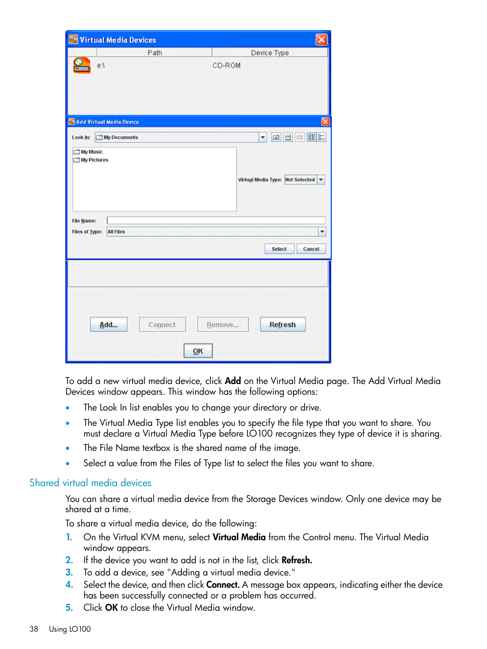 Shared virtual media devices | HP Lights-Out 100 Remote Management User Manual | Page 38 / 60