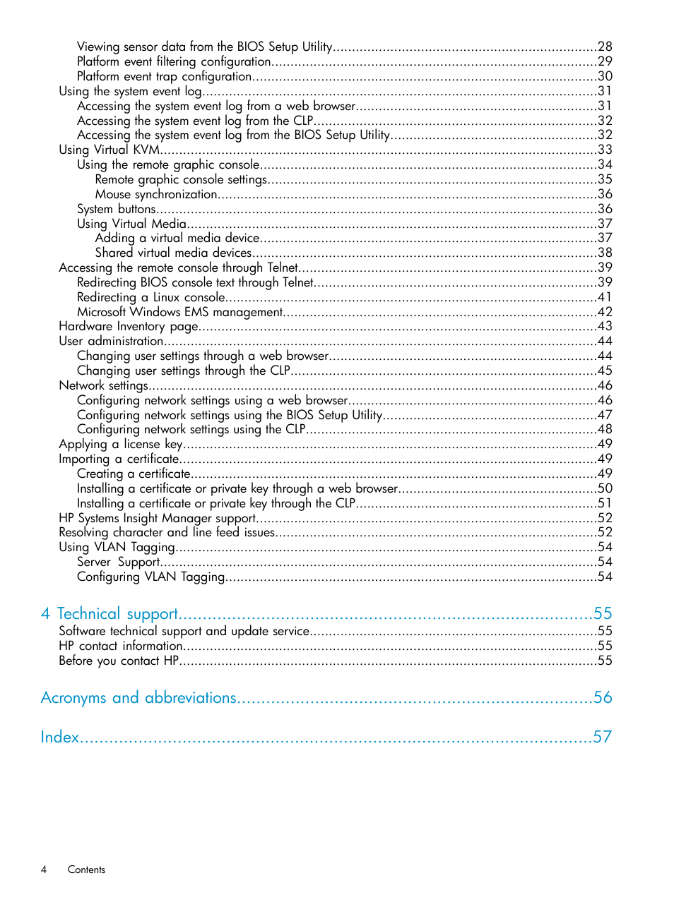 4 technical support, Acronyms and abbreviations index | HP Lights-Out 100 Remote Management User Manual | Page 4 / 60