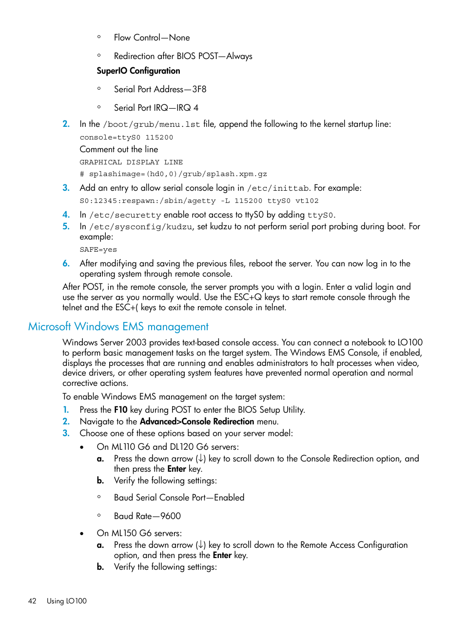 Microsoft windows ems management | HP Lights-Out 100 Remote Management User Manual | Page 42 / 60