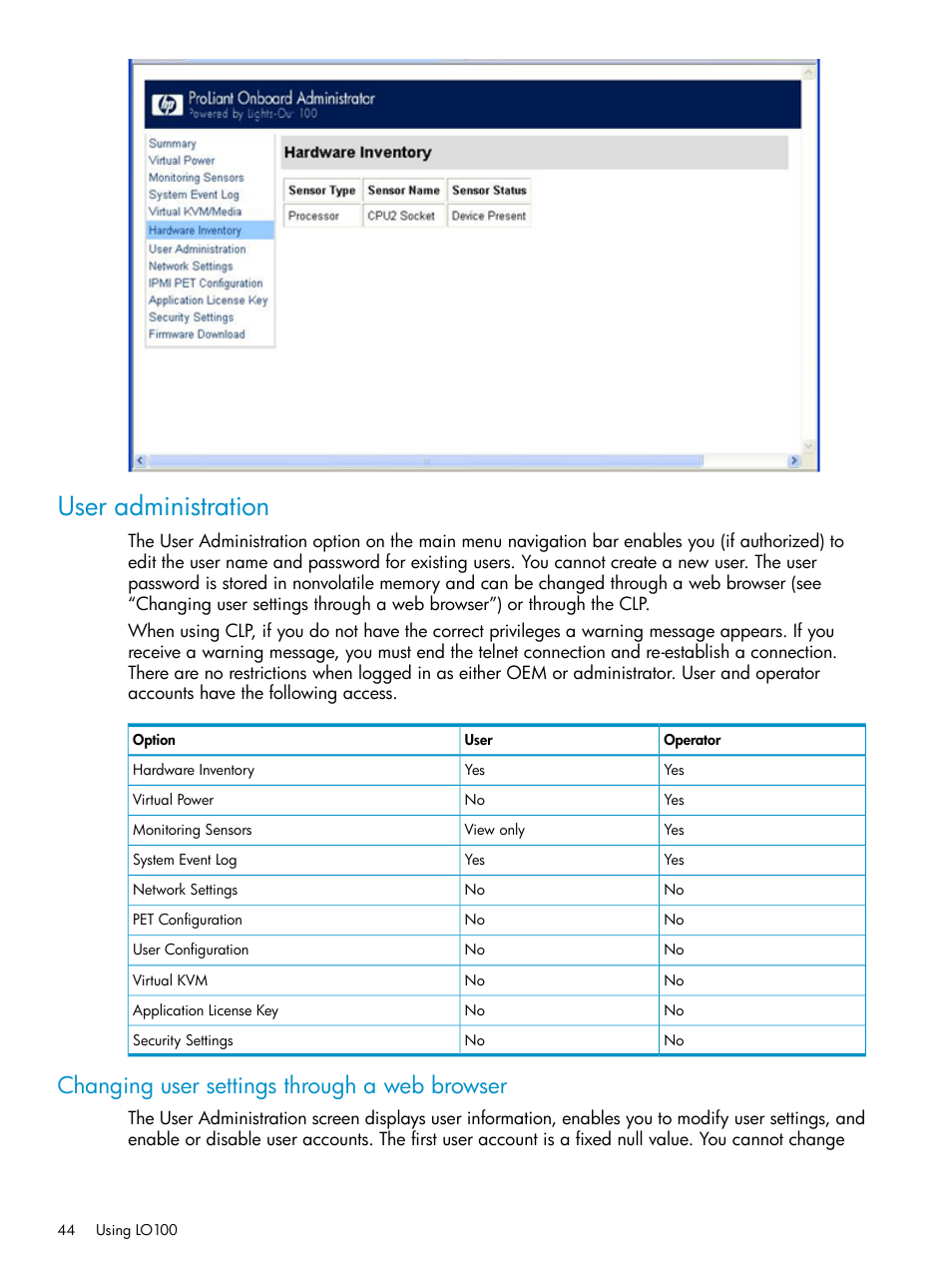 User administration, Changing user settings through a web browser | HP Lights-Out 100 Remote Management User Manual | Page 44 / 60