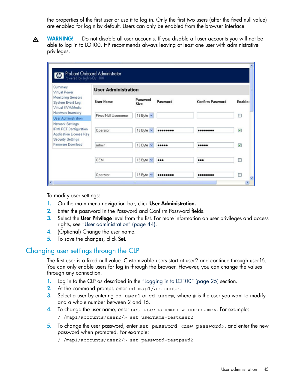 Changing user settings through the clp | HP Lights-Out 100 Remote Management User Manual | Page 45 / 60