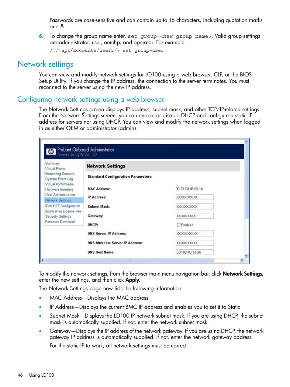 Network settings, Configuring network settings using a web browser | HP Lights-Out 100 Remote Management User Manual | Page 46 / 60