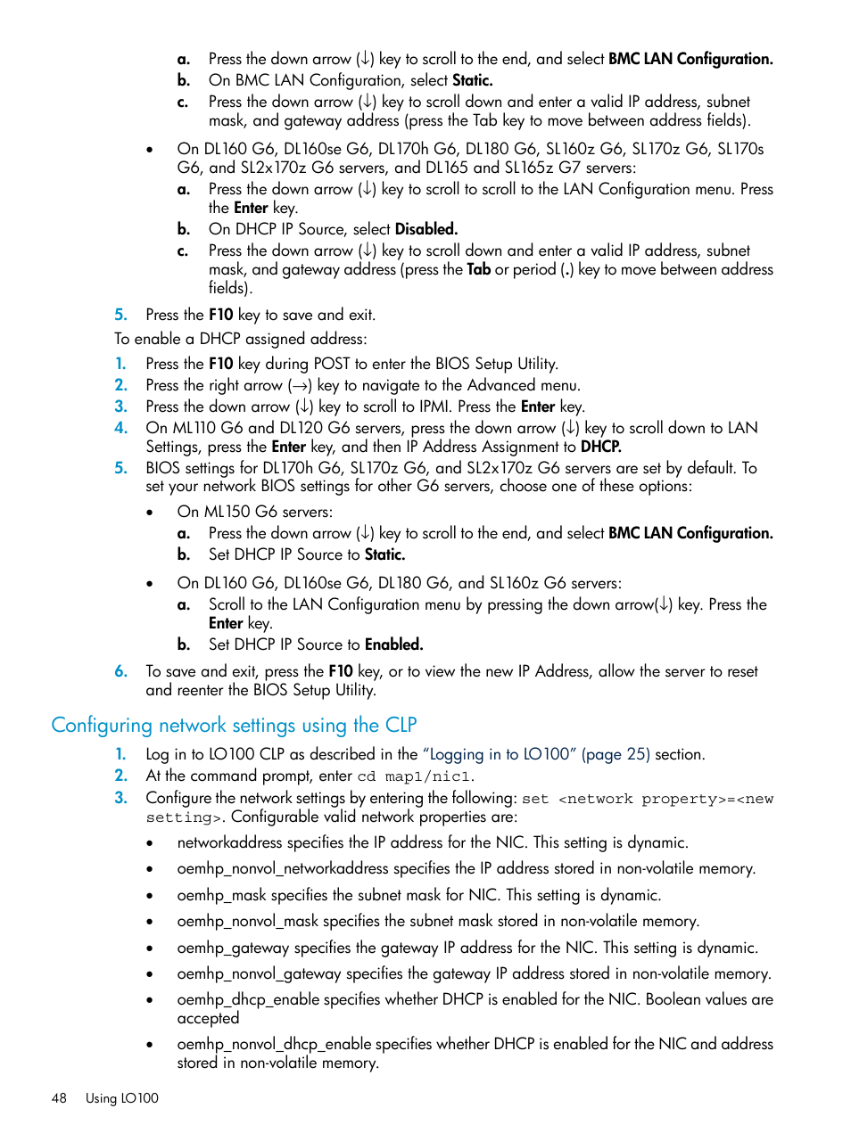 Configuring network settings using the clp | HP Lights-Out 100 Remote Management User Manual | Page 48 / 60