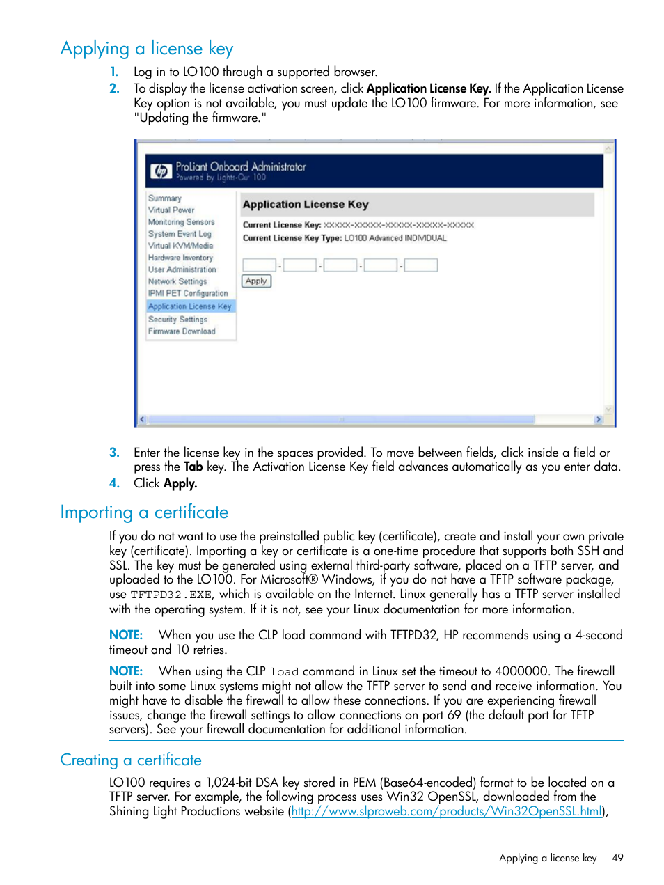 Applying a license key, Importing a certificate, Creating a certificate | Applying a license key importing a certificate | HP Lights-Out 100 Remote Management User Manual | Page 49 / 60