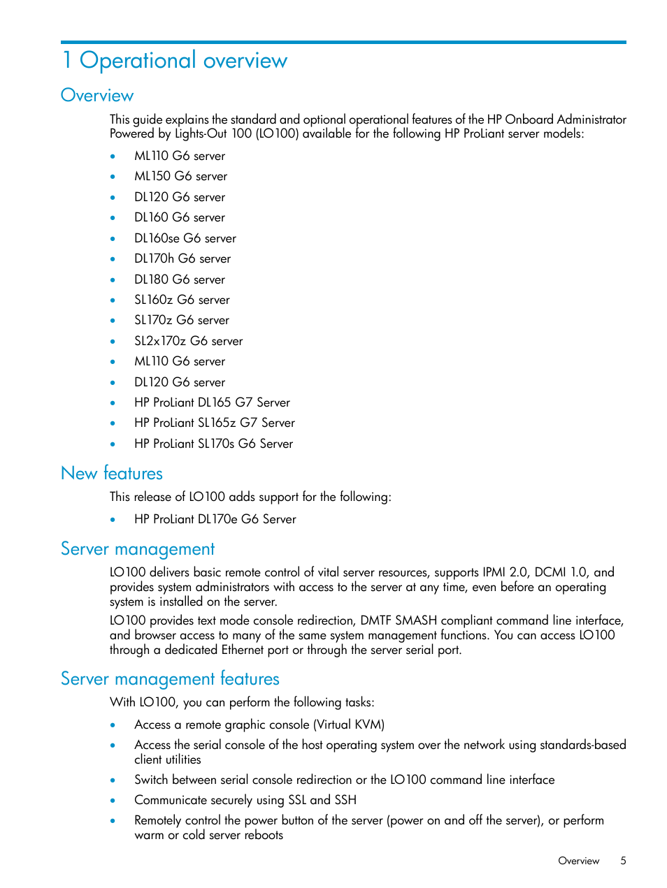 1 operational overview, Overview, New features | Server management, Server management features | HP Lights-Out 100 Remote Management User Manual | Page 5 / 60