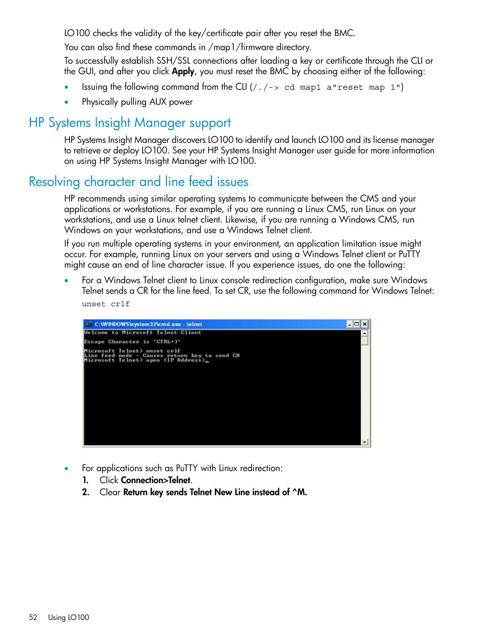 Hp systems insight manager support, Resolving character and line feed issues | HP Lights-Out 100 Remote Management User Manual | Page 52 / 60