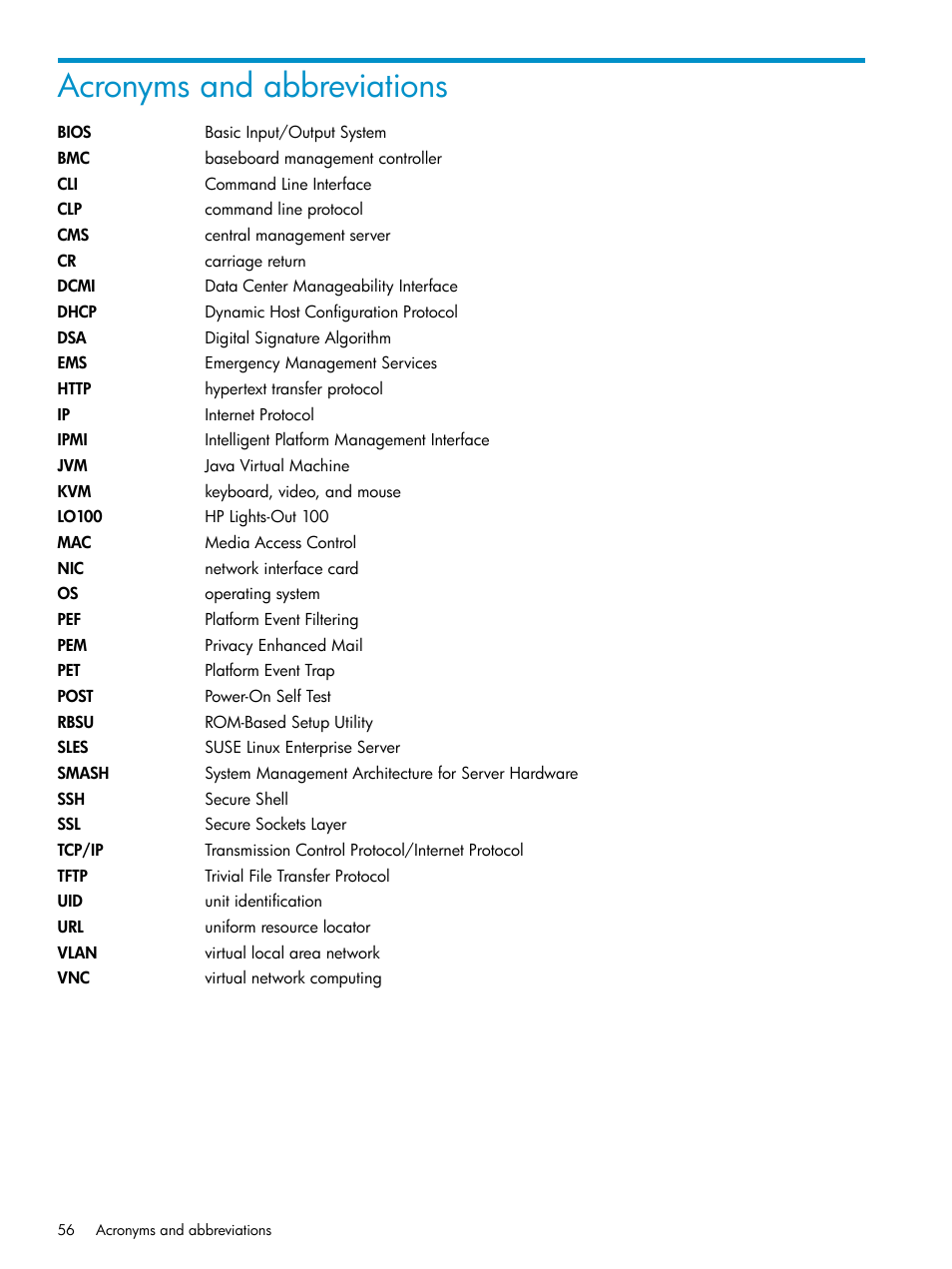 Acronyms and abbreviations | HP Lights-Out 100 Remote Management User Manual | Page 56 / 60