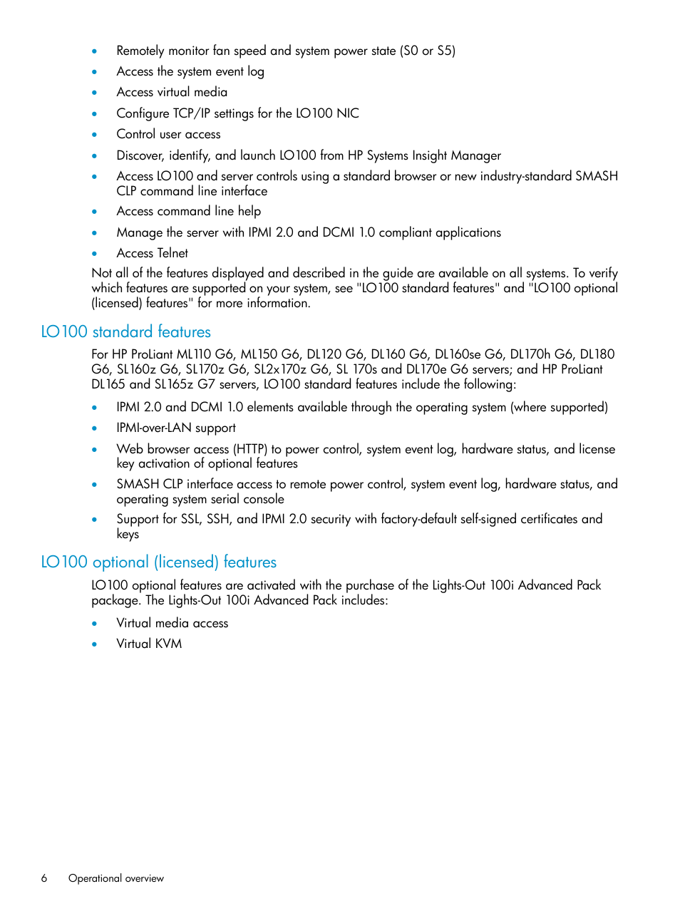 Lo100 standard features, Lo100 optional (licensed) features | HP Lights-Out 100 Remote Management User Manual | Page 6 / 60