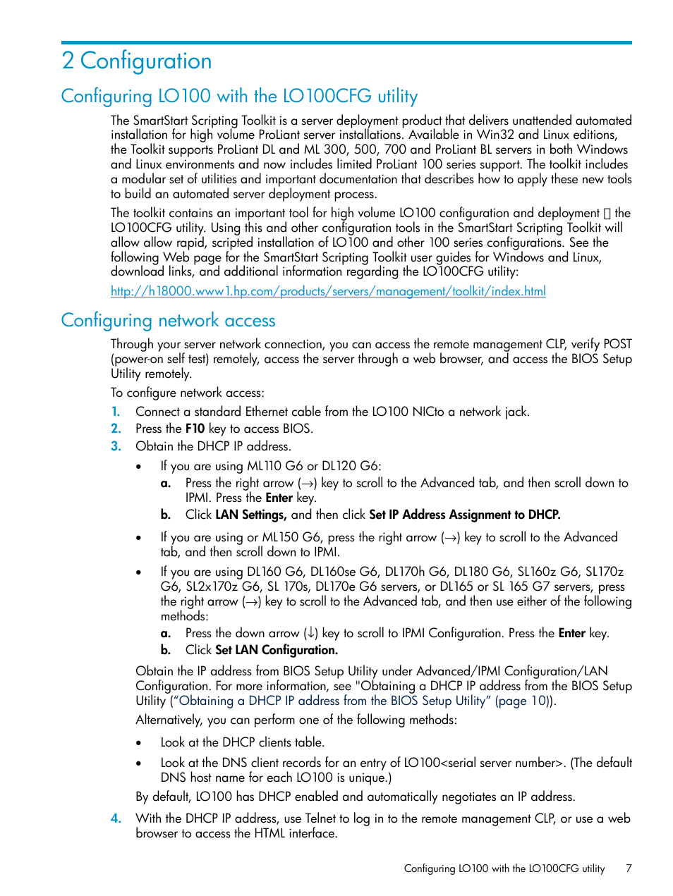 2 configuration, Configuring lo100 with the lo100cfg utility, Configuring network access | HP Lights-Out 100 Remote Management User Manual | Page 7 / 60