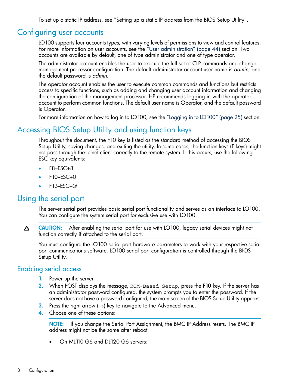 Configuring user accounts, Using the serial port, Enabling serial access | HP Lights-Out 100 Remote Management User Manual | Page 8 / 60