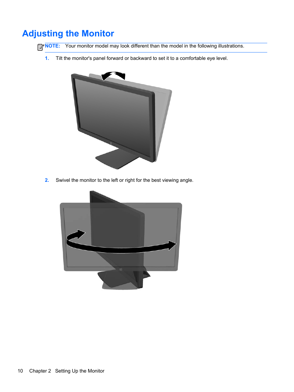 Adjusting the monitor | HP EliteDisplay E241i 24-in IPS LED Backlit Monitor User Manual | Page 16 / 34