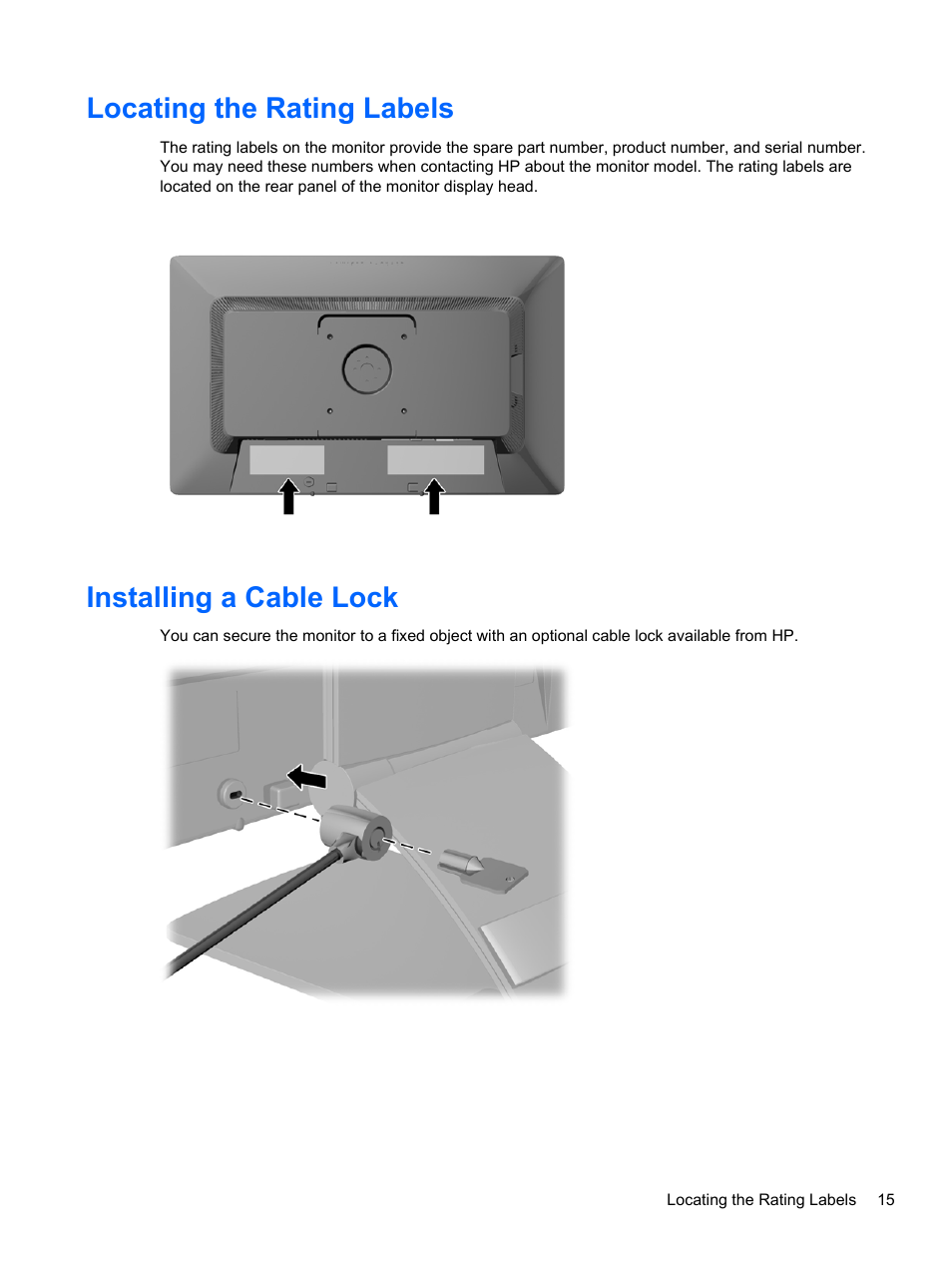 Locating the rating labels, Installing a cable lock, Locating the rating labels installing a cable lock | HP EliteDisplay E241i 24-in IPS LED Backlit Monitor User Manual | Page 21 / 34