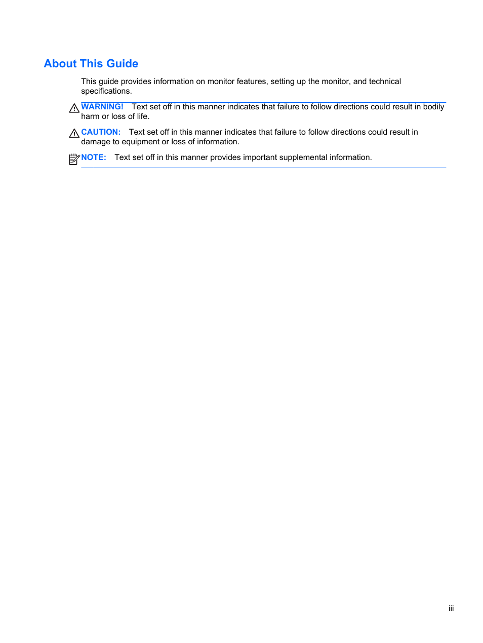 About this guide | HP EliteDisplay E241i 24-in IPS LED Backlit Monitor User Manual | Page 3 / 34