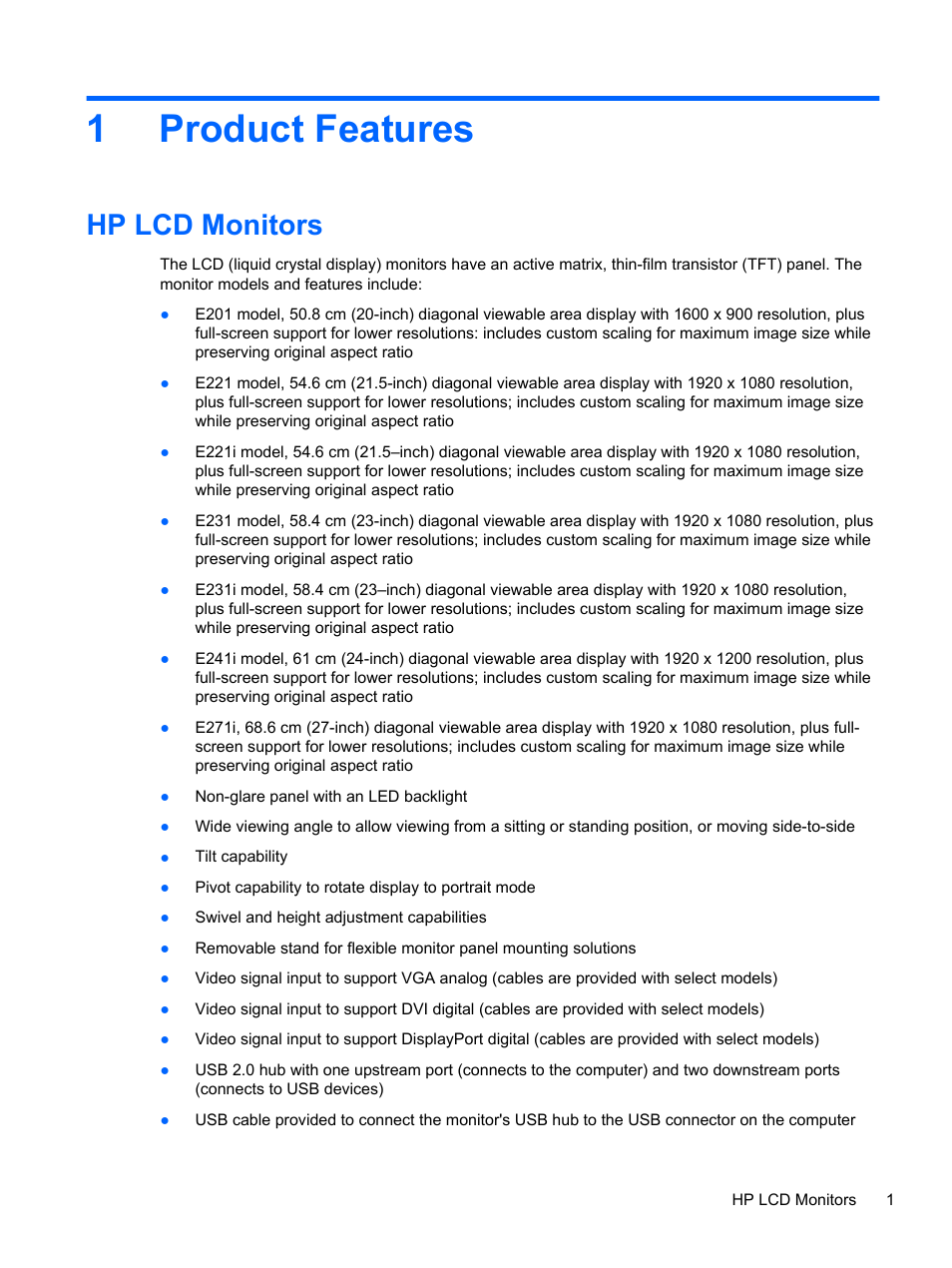 Product features, Hp lcd monitors, 1 product features | 1product features | HP EliteDisplay E241i 24-in IPS LED Backlit Monitor User Manual | Page 7 / 34