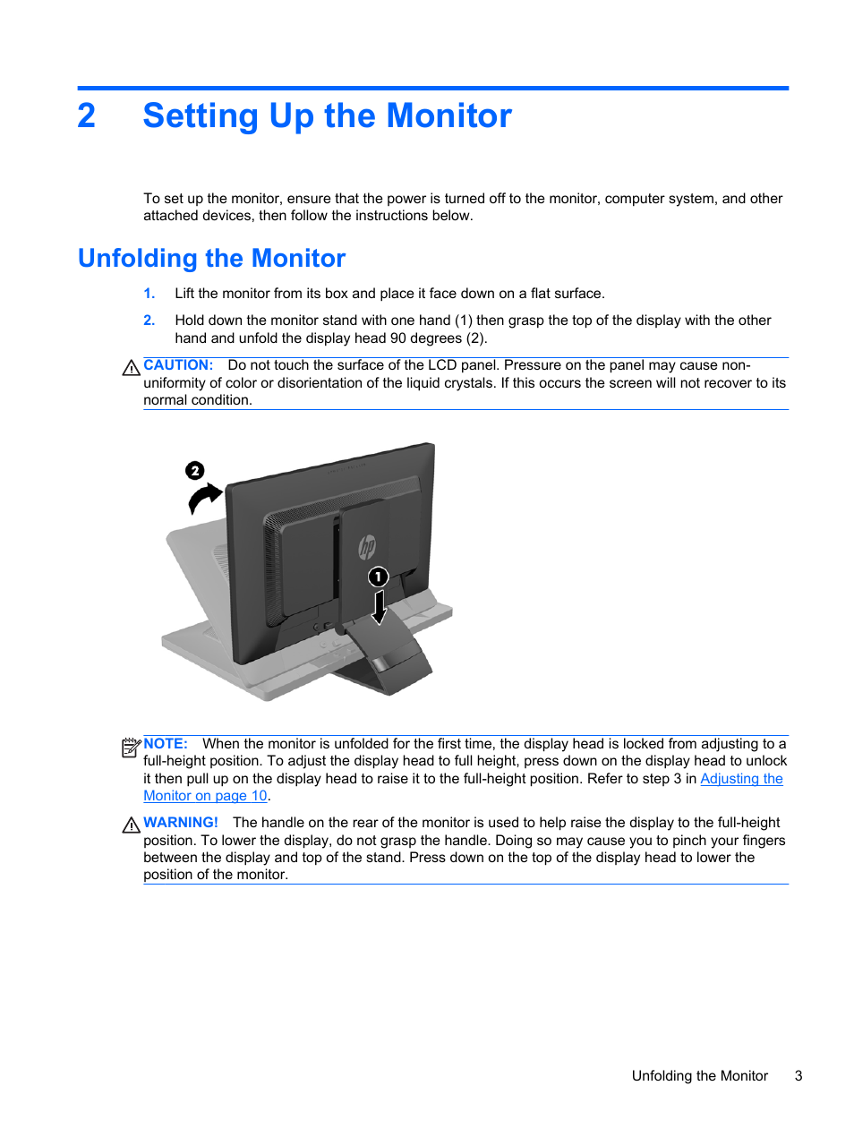 Setting up the monitor, Unfolding the monitor, 2 setting up the monitor | 2setting up the monitor | HP EliteDisplay E241i 24-in IPS LED Backlit Monitor User Manual | Page 9 / 34