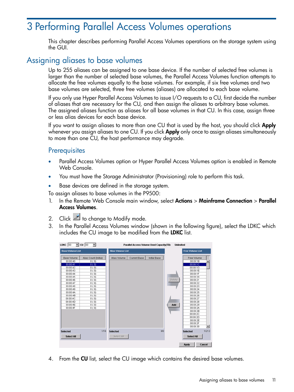 3 performing parallel access volumes operations, Assigning aliases to base volumes, Prerequisites | HP XP P9000 for Compatible PAV Software Licenses User Manual | Page 11 / 36