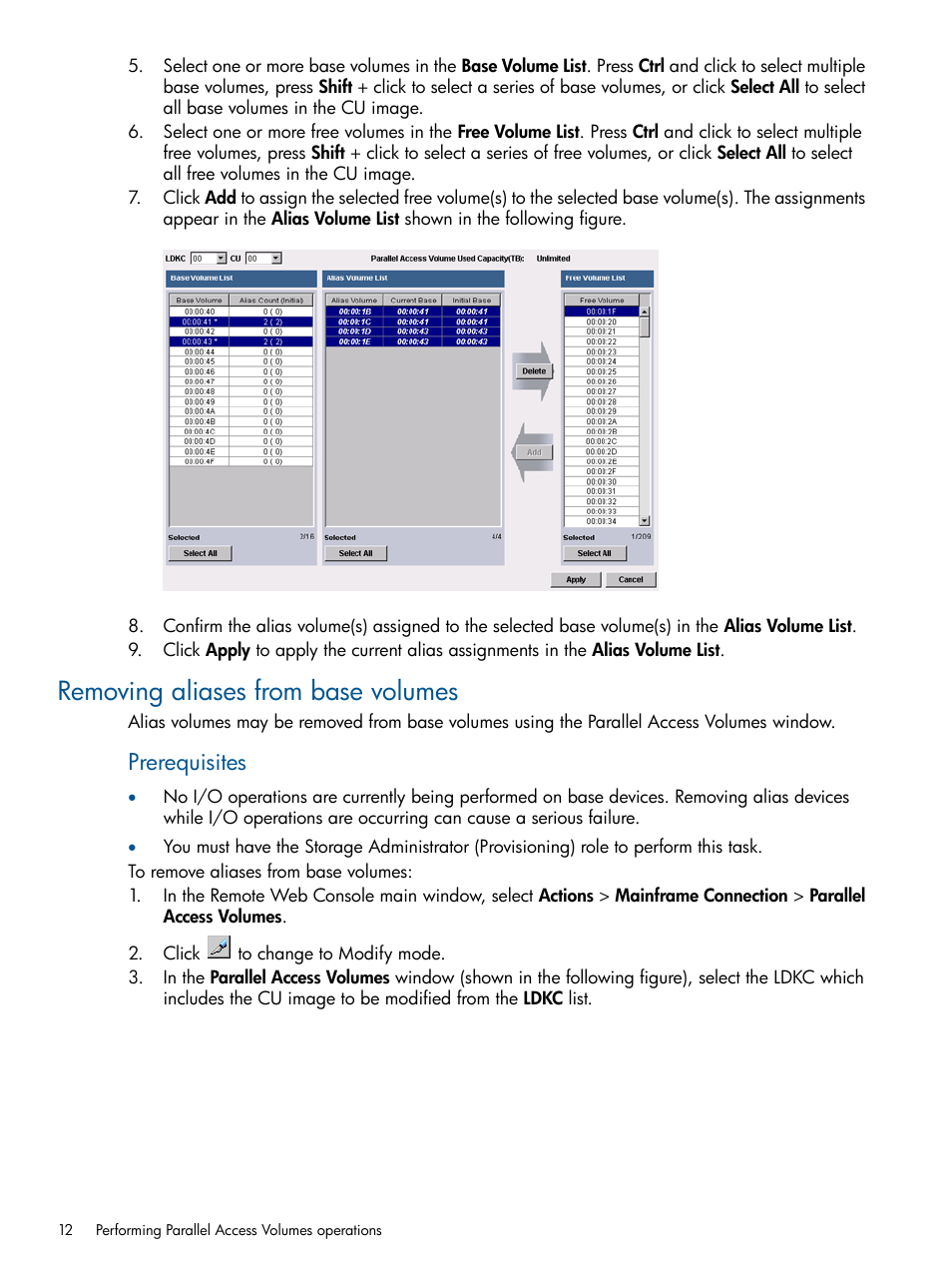 Removing aliases from base volumes, Prerequisites | HP XP P9000 for Compatible PAV Software Licenses User Manual | Page 12 / 36