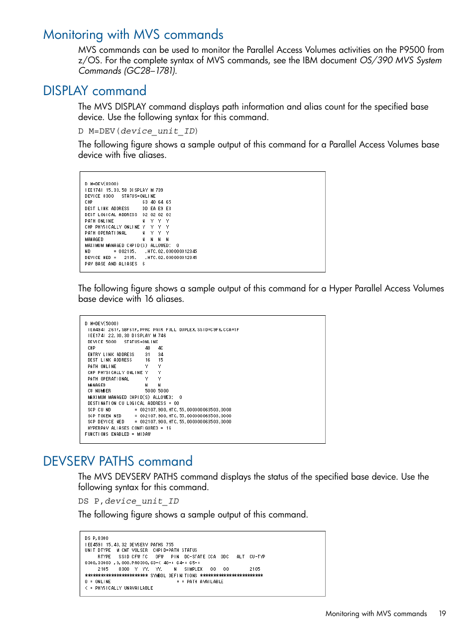Monitoring with mvs commands, Display command, Devserv paths command | HP XP P9000 for Compatible PAV Software Licenses User Manual | Page 19 / 36
