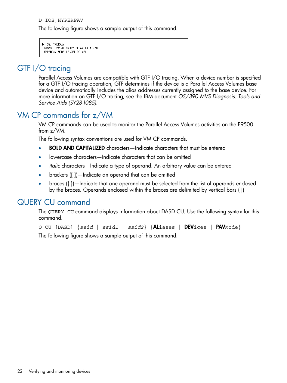 Gtf i/o tracing, Vm cp commands for z/vm, Query cu command | HP XP P9000 for Compatible PAV Software Licenses User Manual | Page 22 / 36