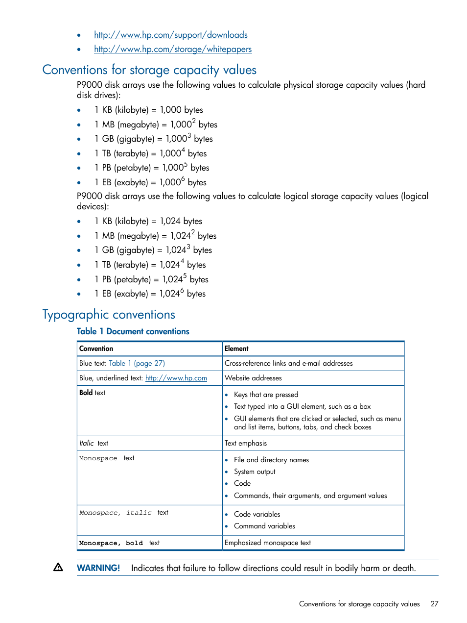 Conventions for storage capacity values, Typographic conventions | HP XP P9000 for Compatible PAV Software Licenses User Manual | Page 27 / 36