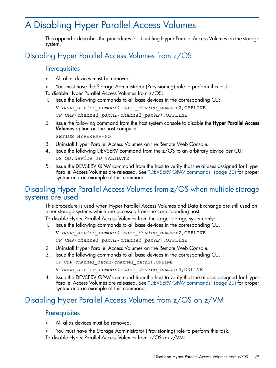 A disabling hyper parallel access volumes, Disabling hyper parallel access volumes from z/os, Prerequisites | HP XP P9000 for Compatible PAV Software Licenses User Manual | Page 29 / 36