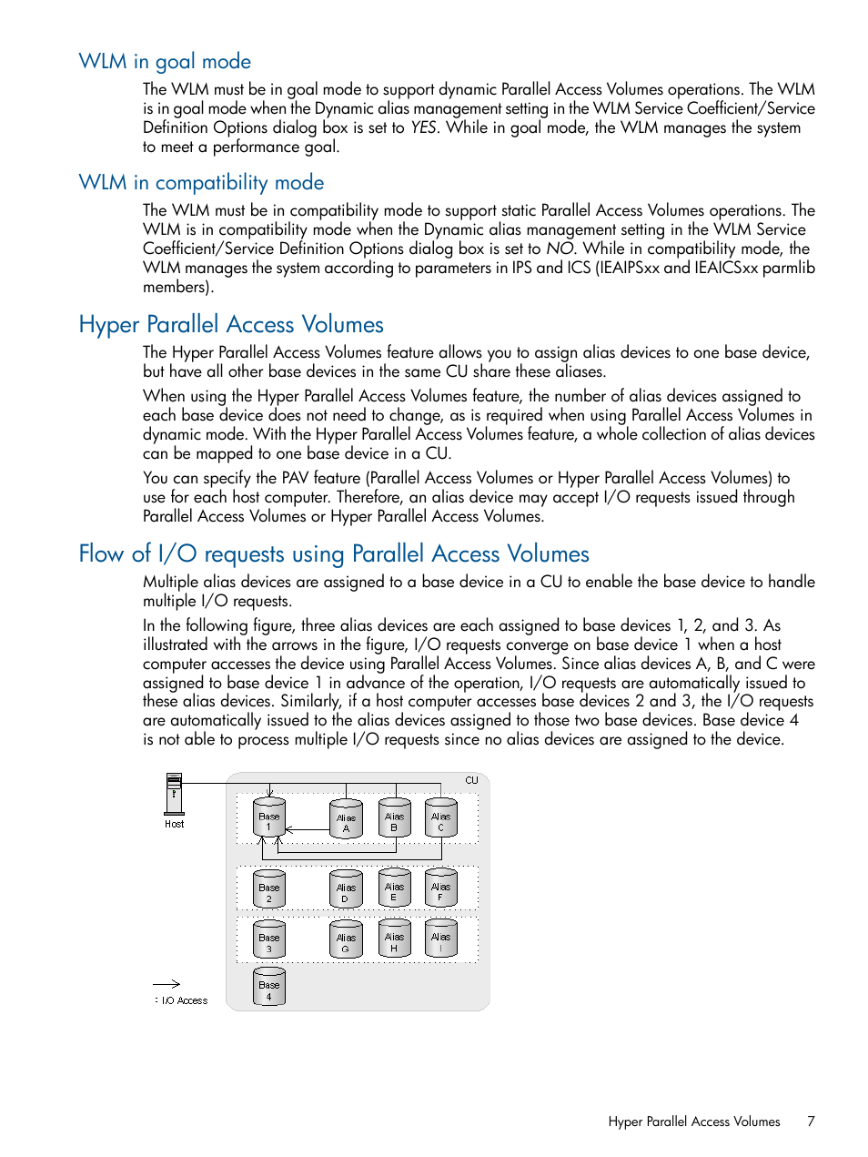 Wlm in goal mode, Wlm in compatibility mode, Hyper parallel access volumes | Flow of i/o requests using parallel access volumes, Wlm in goal mode wlm in compatibility mode | HP XP P9000 for Compatible PAV Software Licenses User Manual | Page 7 / 36