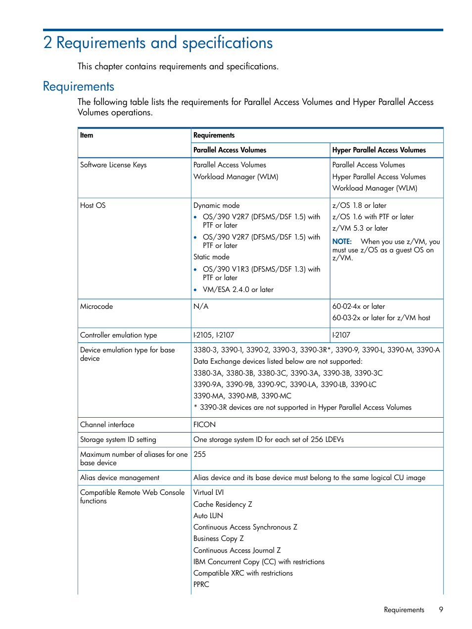 2 requirements and specifications, Requirements | HP XP P9000 for Compatible PAV Software Licenses User Manual | Page 9 / 36