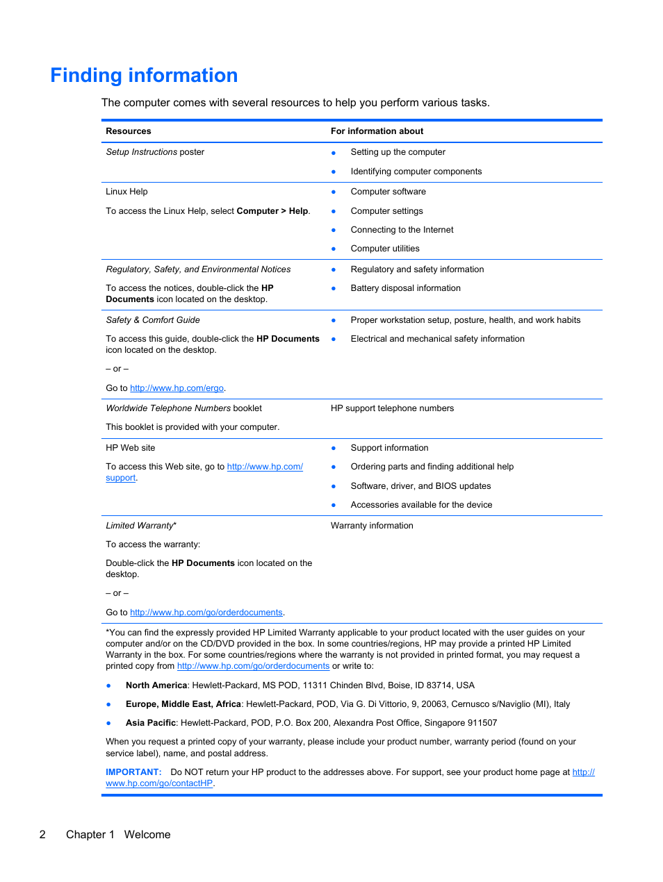 Finding information, 2chapter 1 welcome | HP ProBook 440 G0 Notebook PC User Manual | Page 12 / 93