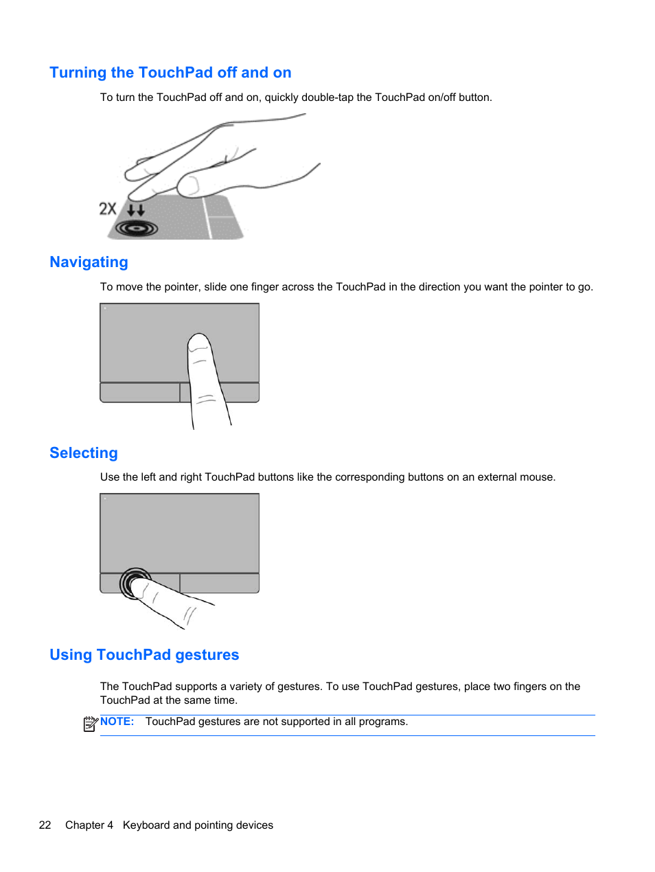 Turning the touchpad off and on, Navigating, Selecting | Using touchpad gestures | HP ProBook 440 G0 Notebook PC User Manual | Page 32 / 93