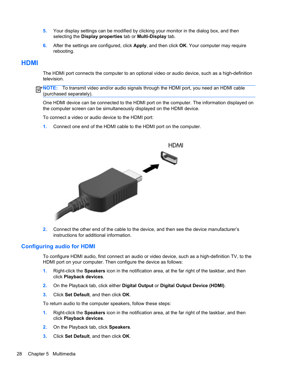 Hdmi, Configuring audio for hdmi | HP ProBook 440 G0 Notebook PC User Manual | Page 38 / 93