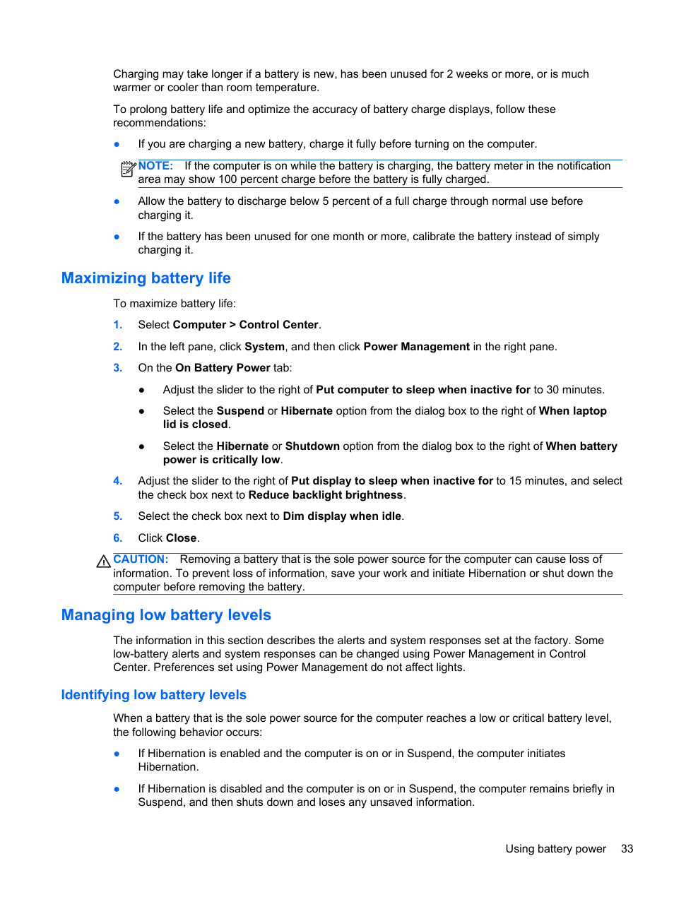 Maximizing battery life, Managing low battery levels, Identifying low battery levels | HP ProBook 440 G0 Notebook PC User Manual | Page 43 / 93