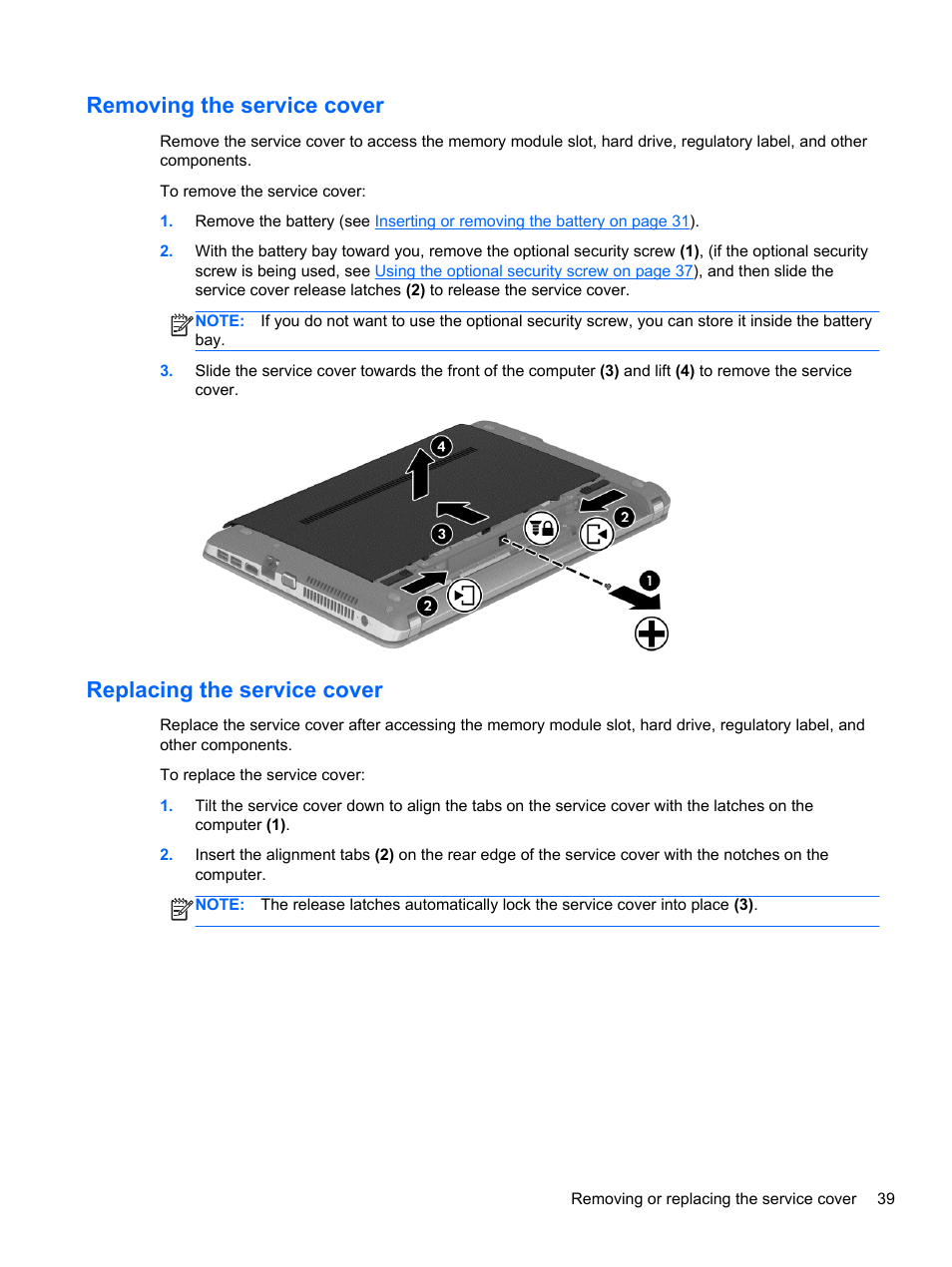 Removing the service cover, Replacing the service cover | HP ProBook 440 G0 Notebook PC User Manual | Page 49 / 93
