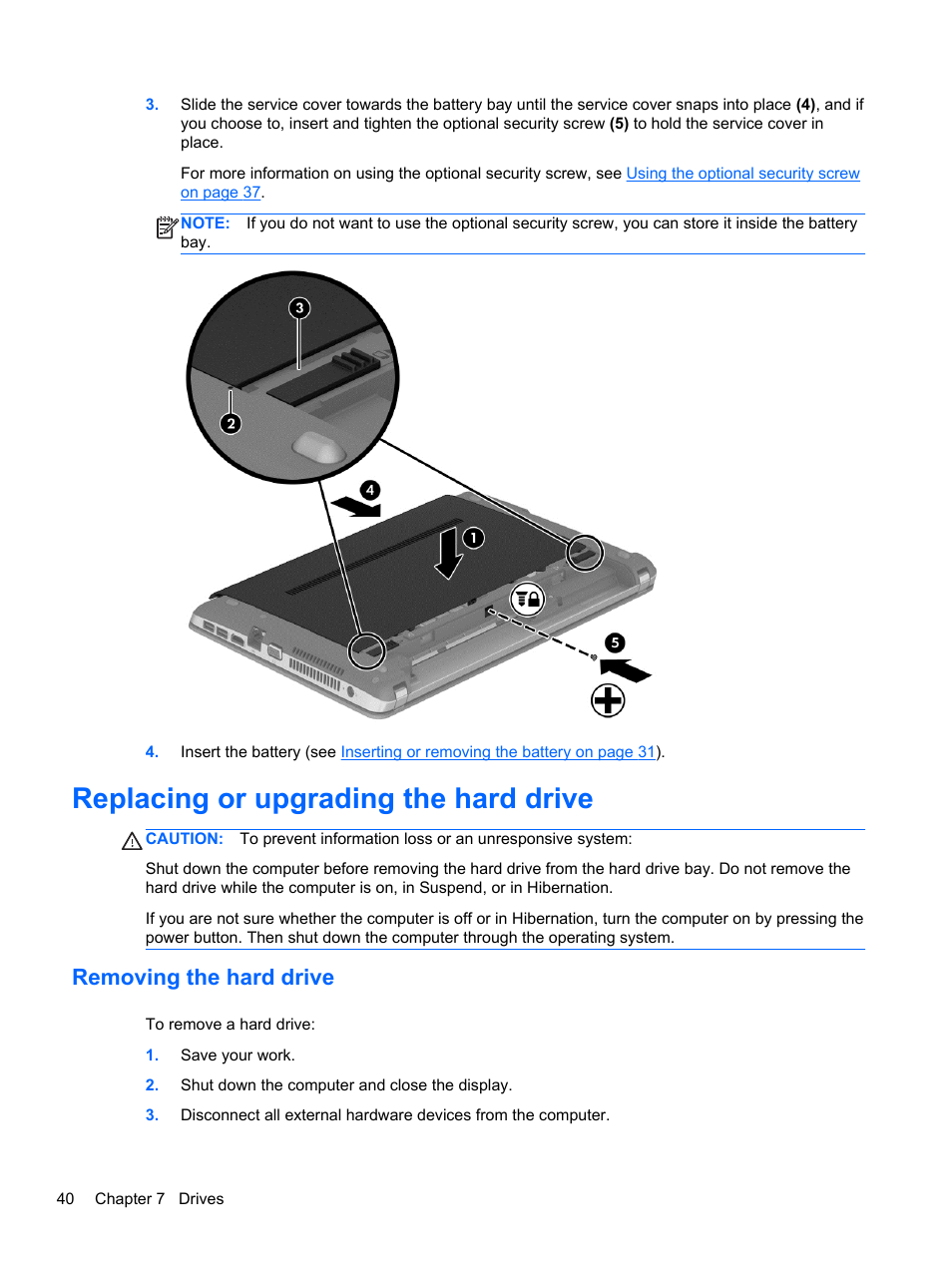 Replacing or upgrading the hard drive, Removing the hard drive | HP ProBook 440 G0 Notebook PC User Manual | Page 50 / 93