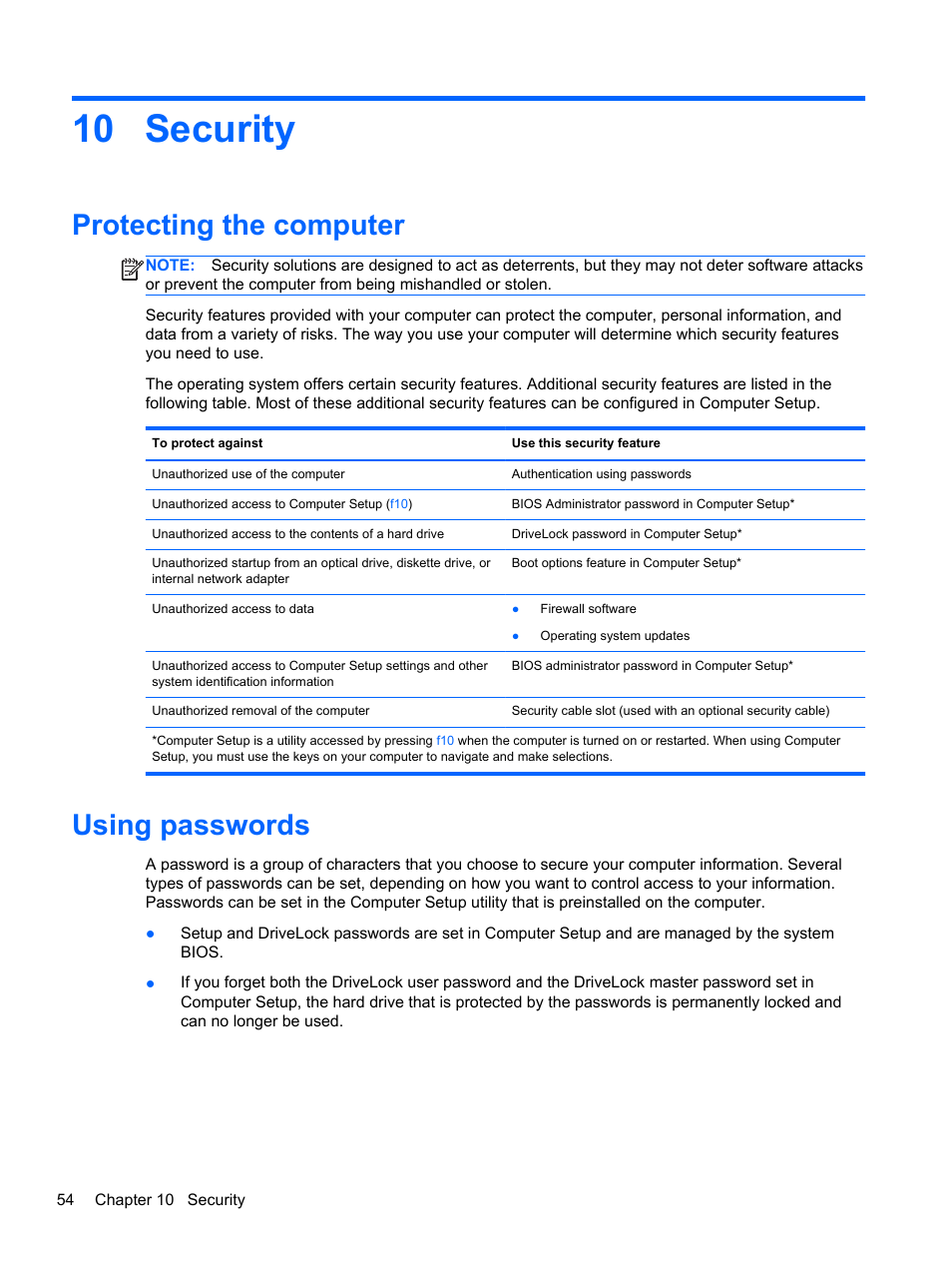 Security, Protecting the computer, Using passwords | 10 security, Protecting the computer using passwords | HP ProBook 440 G0 Notebook PC User Manual | Page 64 / 93