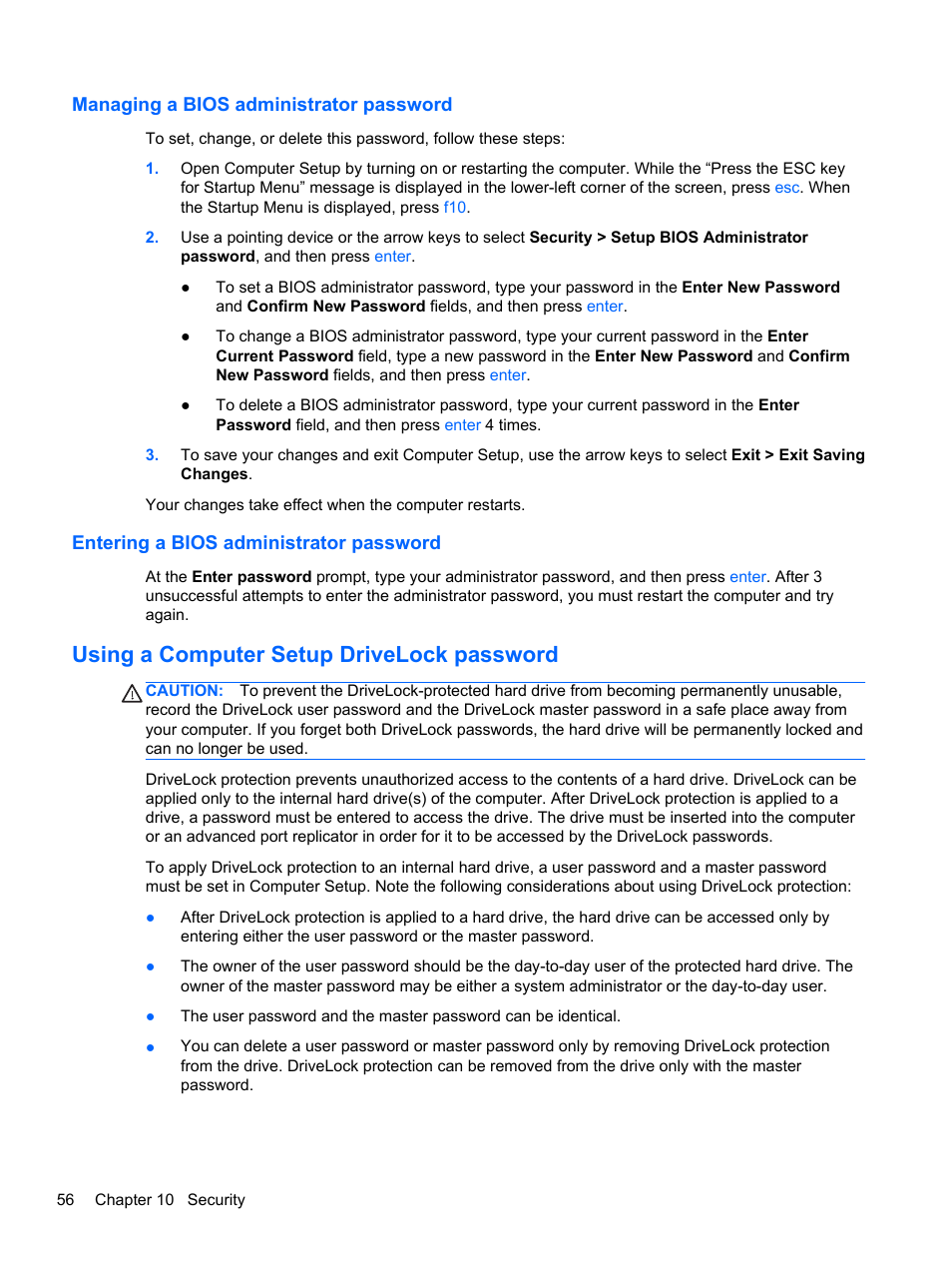 Managing a bios administrator password, Entering a bios administrator password, Using a computer setup drivelock password | HP ProBook 440 G0 Notebook PC User Manual | Page 66 / 93