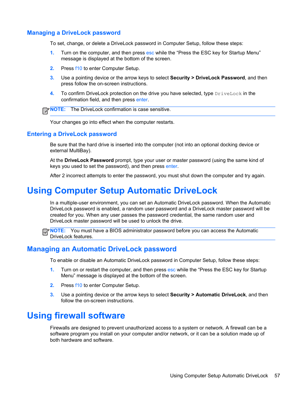 Managing a drivelock password, Entering a drivelock password, Using computer setup automatic drivelock | Managing an automatic drivelock password, Using firewall software | HP ProBook 440 G0 Notebook PC User Manual | Page 67 / 93