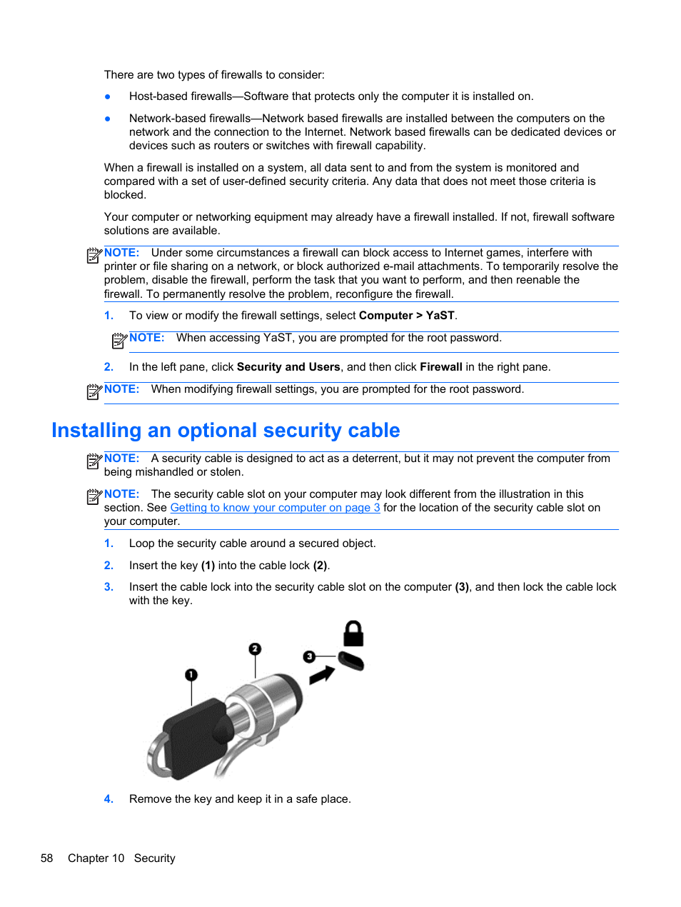 Installing an optional security cable | HP ProBook 440 G0 Notebook PC User Manual | Page 68 / 93