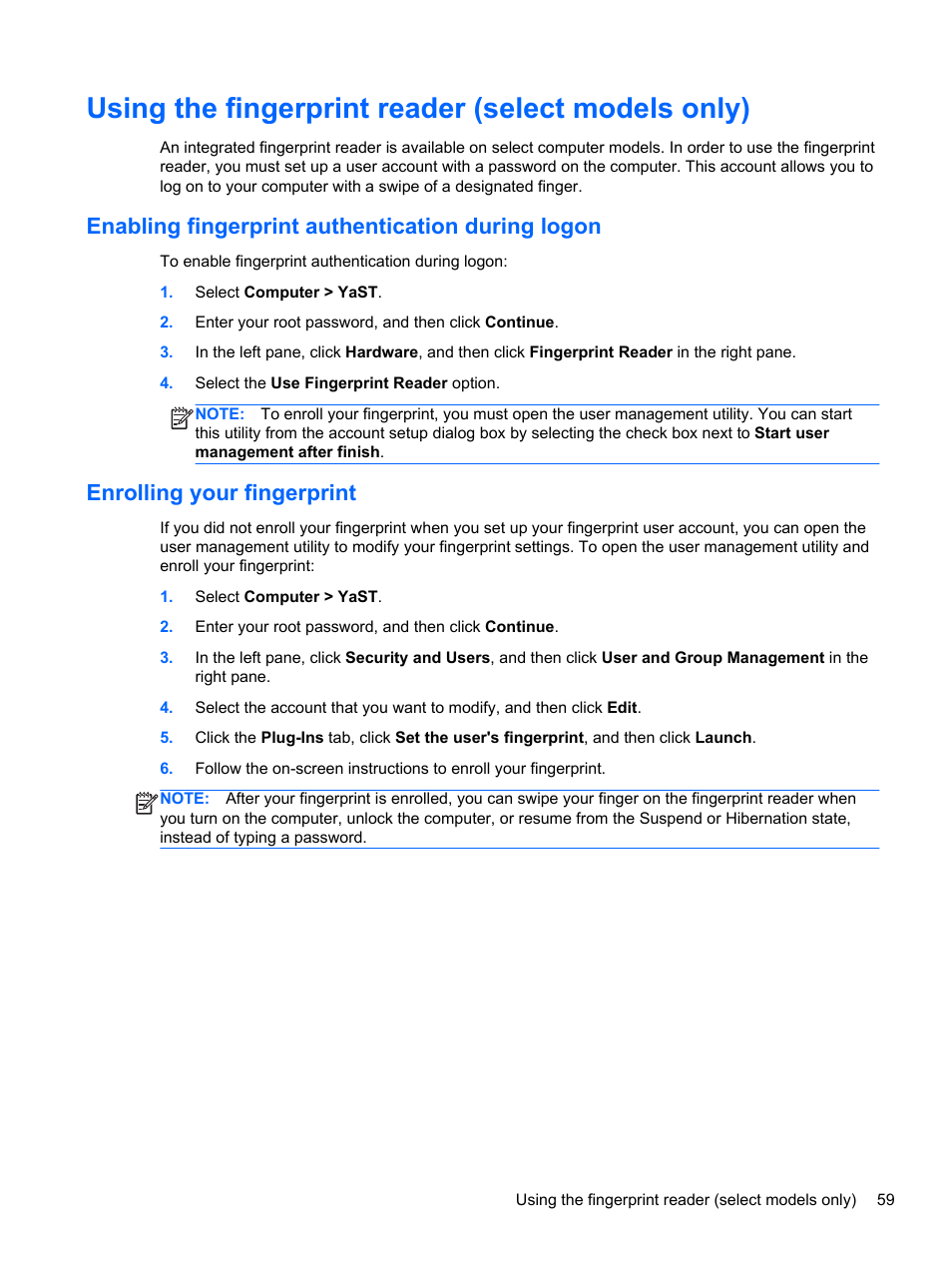 Using the fingerprint reader (select models only), Enabling fingerprint authentication during logon, Enrolling your fingerprint | HP ProBook 440 G0 Notebook PC User Manual | Page 69 / 93