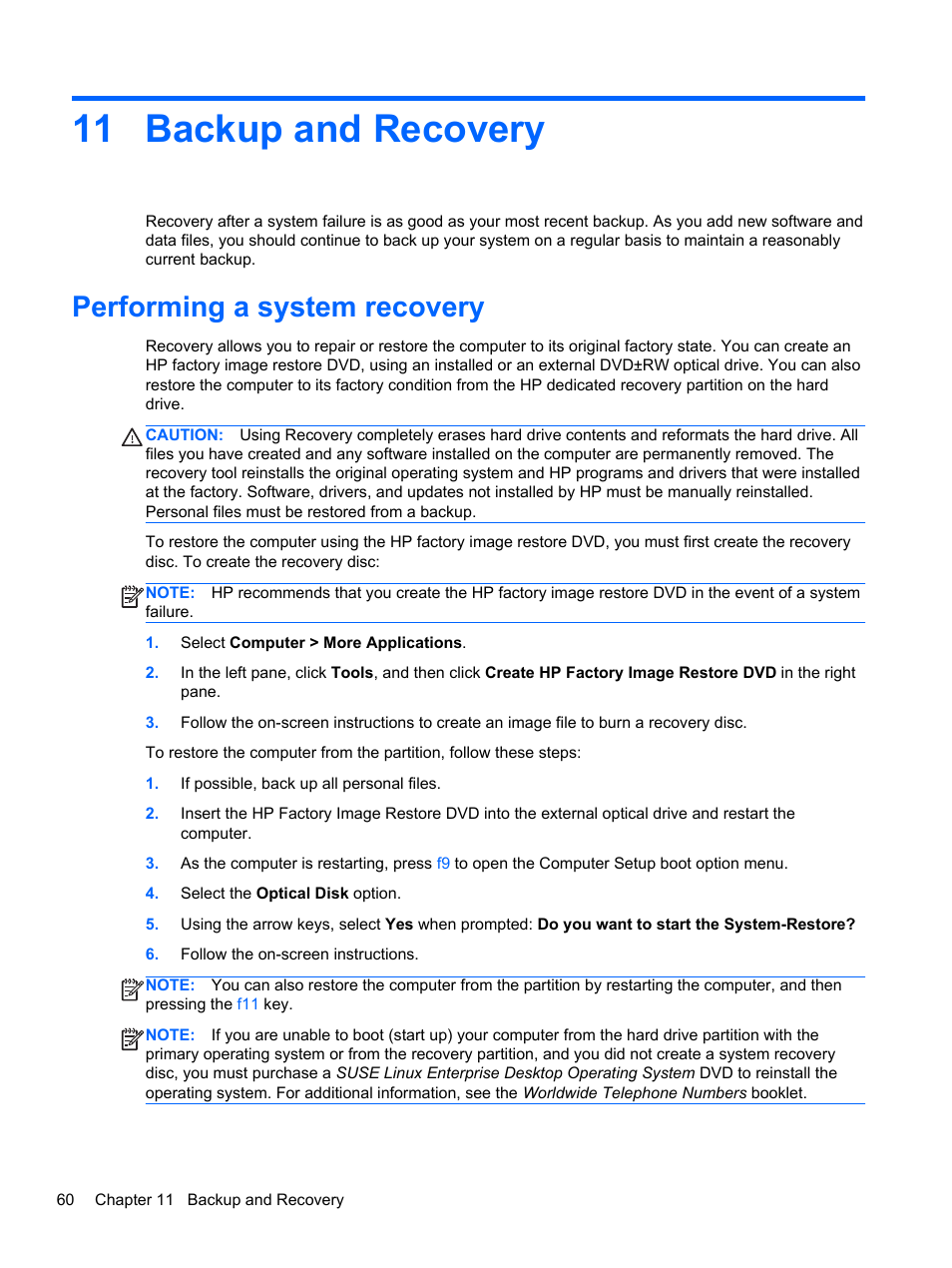Backup and recovery, Performing a system recovery, 11 backup and recovery | HP ProBook 440 G0 Notebook PC User Manual | Page 70 / 93