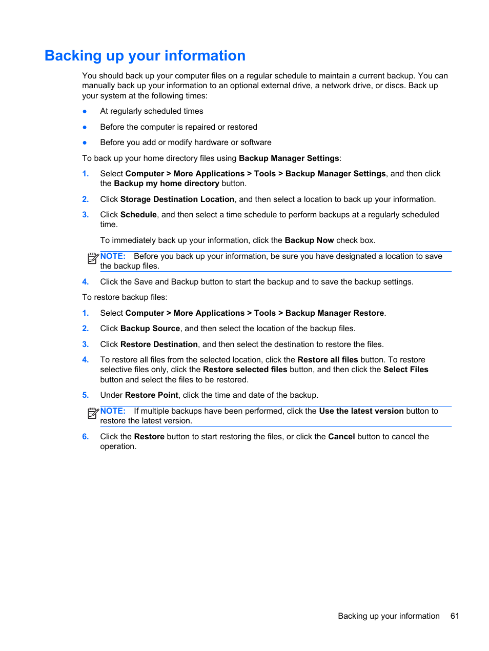 Backing up your information | HP ProBook 440 G0 Notebook PC User Manual | Page 71 / 93