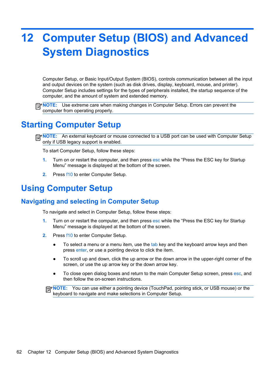 Starting computer setup, Using computer setup, Navigating and selecting in computer setup | Starting computer setup using computer setup | HP ProBook 440 G0 Notebook PC User Manual | Page 72 / 93